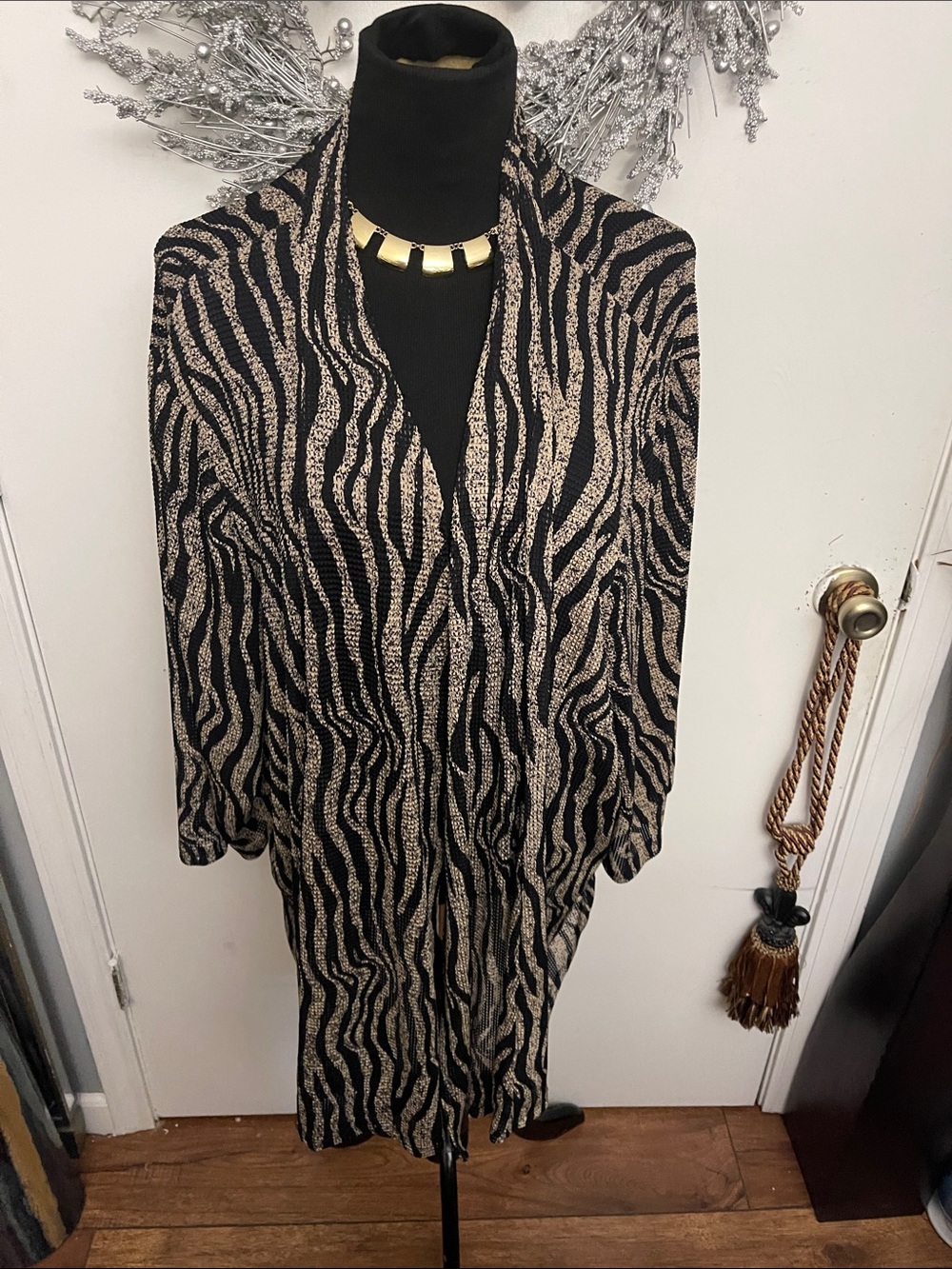 Maggie Barnes Black and Gold Zebra-Print Open Front Top cardigan